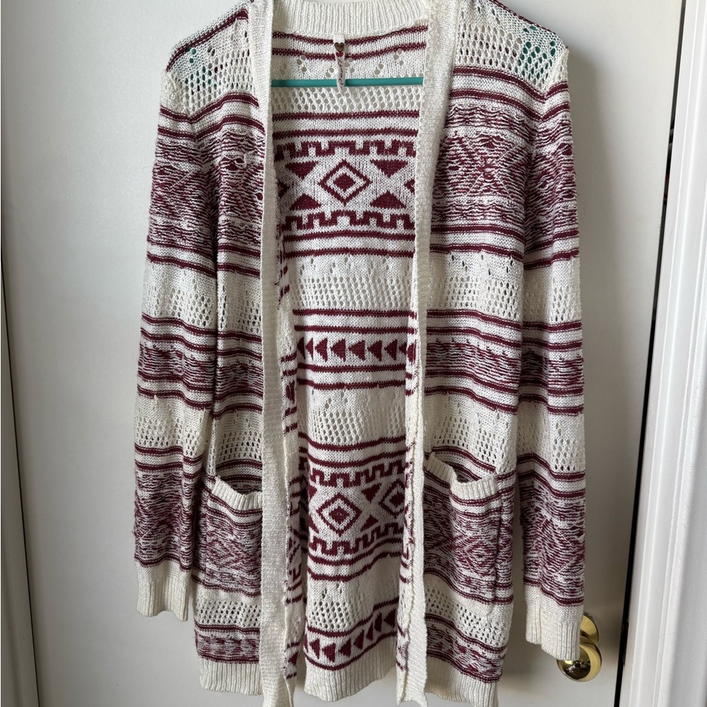 Women's Burgundy and Cream Patterned Sweater